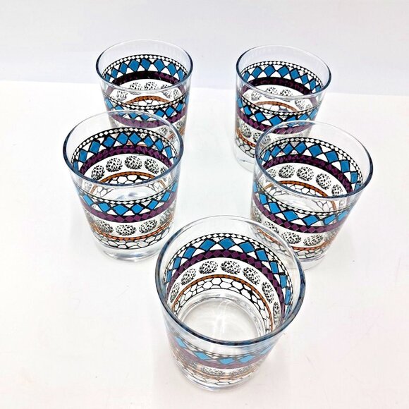 IKEA Murkla Cocktail Glasses Geometric Retro Look -Teal Purple Black -Lot of 5 - Picture 4 of 7